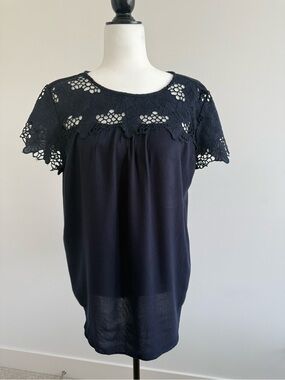 LOFT Navy Crochet Yoke Short Sleeve Blouse